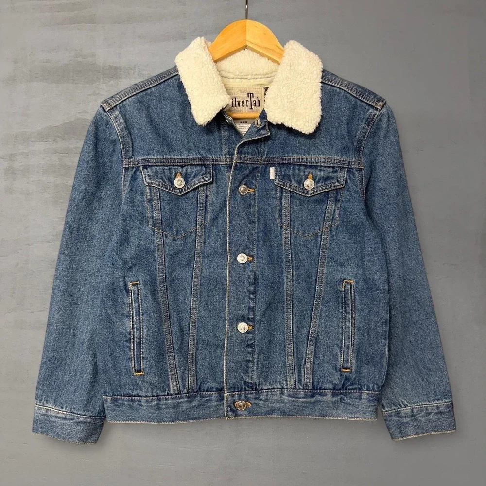 Levi's SilverTab Denim Jacket Blue Sherpa Collar Trucker Kids Size M 10-12